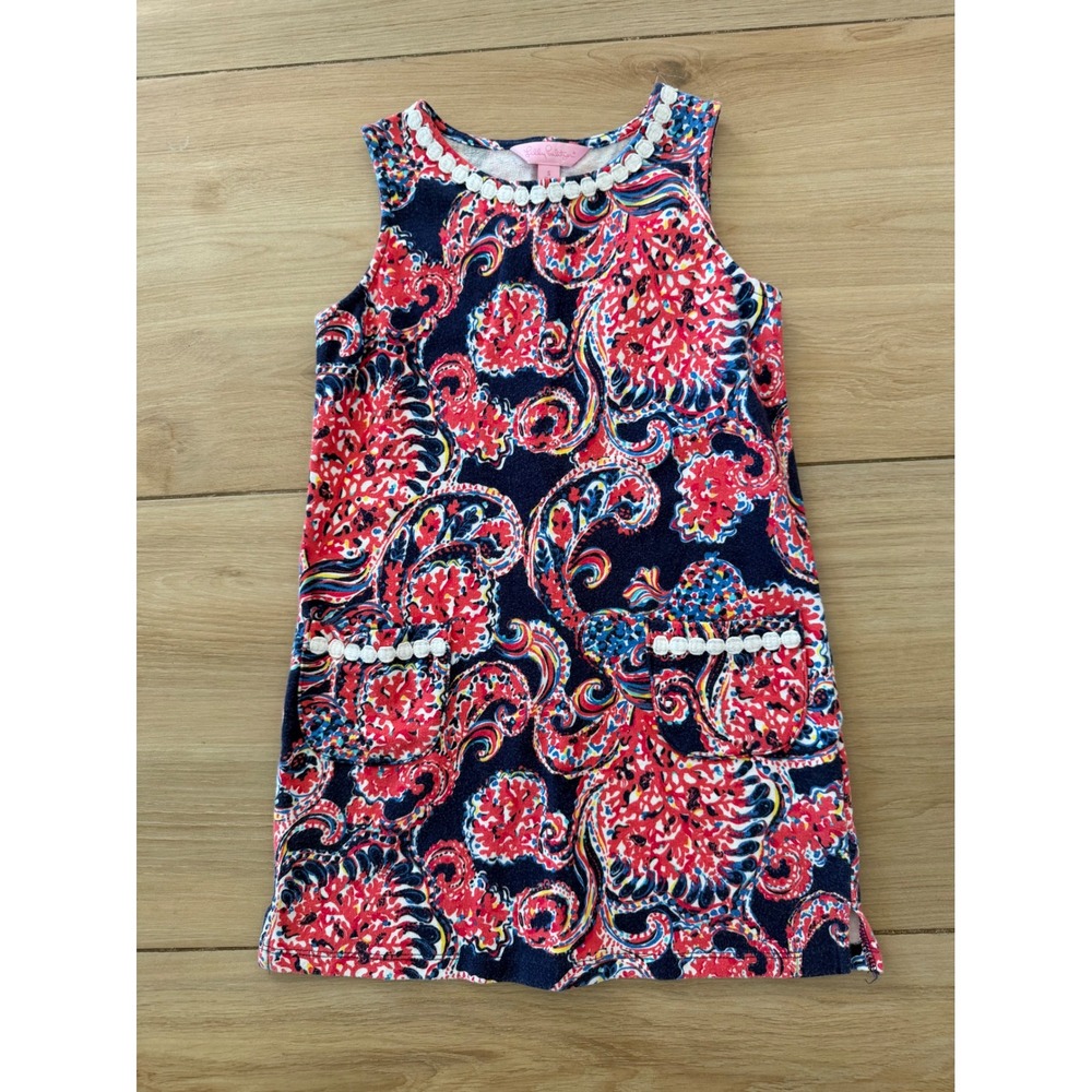 Lilly Pulitzer Girls Navy Pink Paisley Pom Pom Shift Dress Size S 4-5